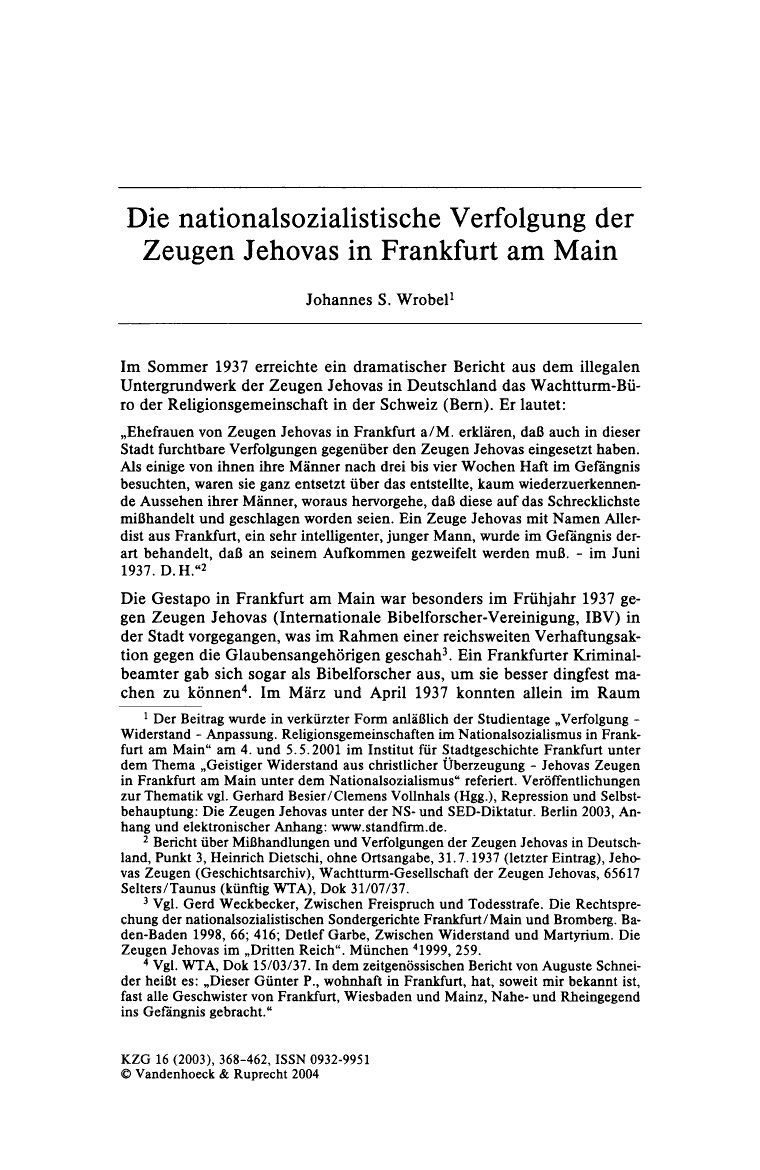 Extern: Fachartikel zur Verfolgungsgeschichte mit regionalem Bezug, hier Frankfurt am Main.